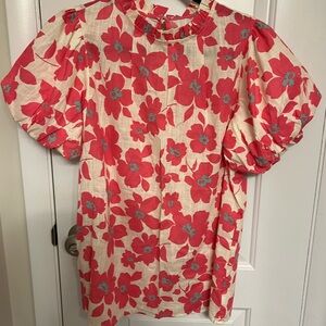 Floral Puff Sleeve Blouse - Red and White